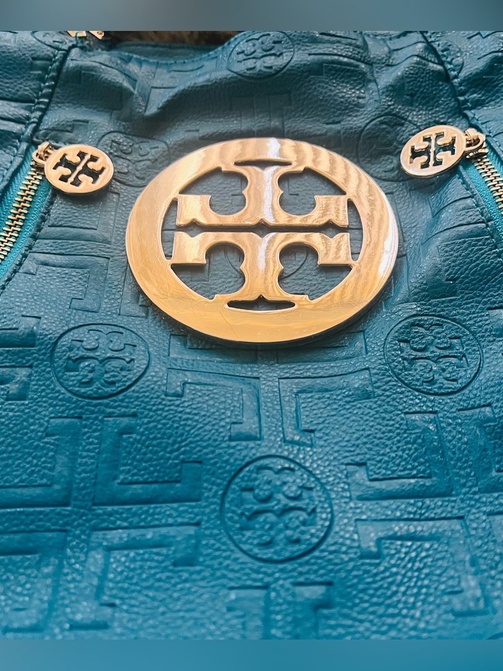 Authentic Tory Burch Teal Embossed Leather Tote with Gold Logo Hardware